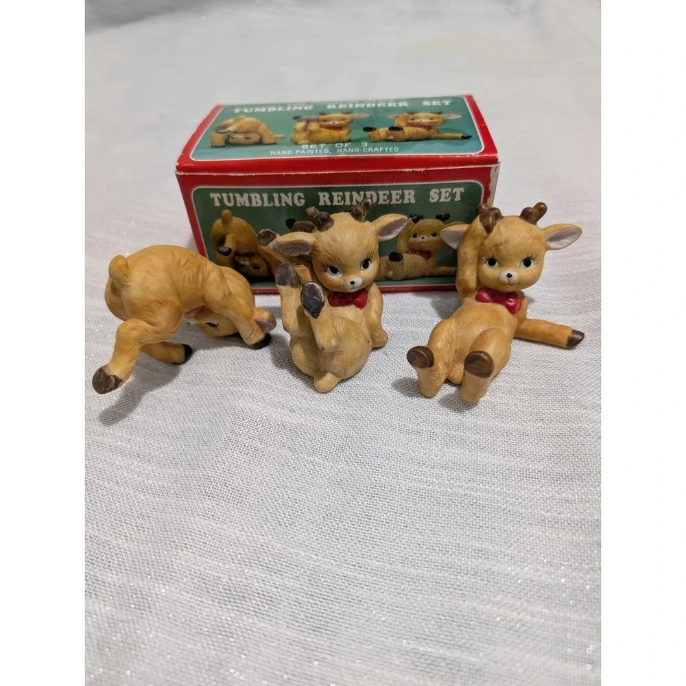 Vintage 1960s JSNY Tumbling Reindeer Set of 3‎ Porcelain Bisque Figurines w/ Box